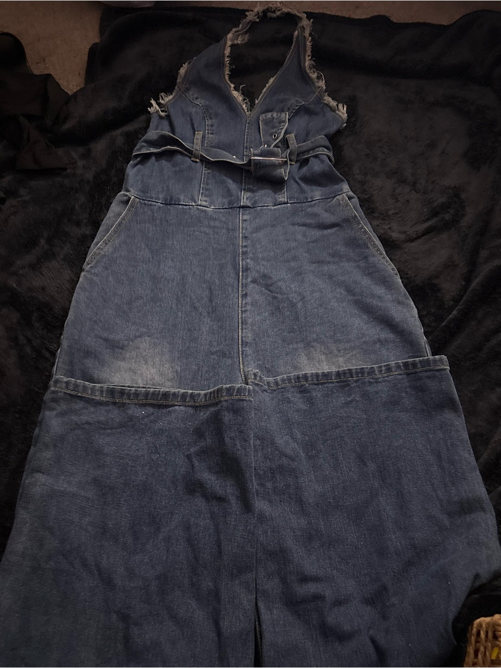 SHEIN Distressed Blue Denim Wide-Leg Overalls with Belt